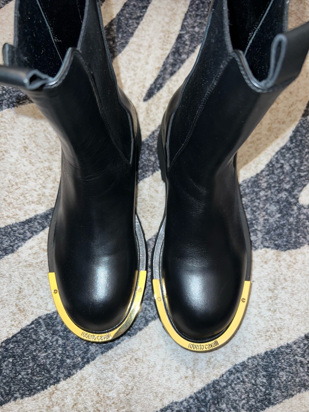 Roberto Cavalli Black Leather Boots with Gold Toe Trim. Size 40 new without tags
